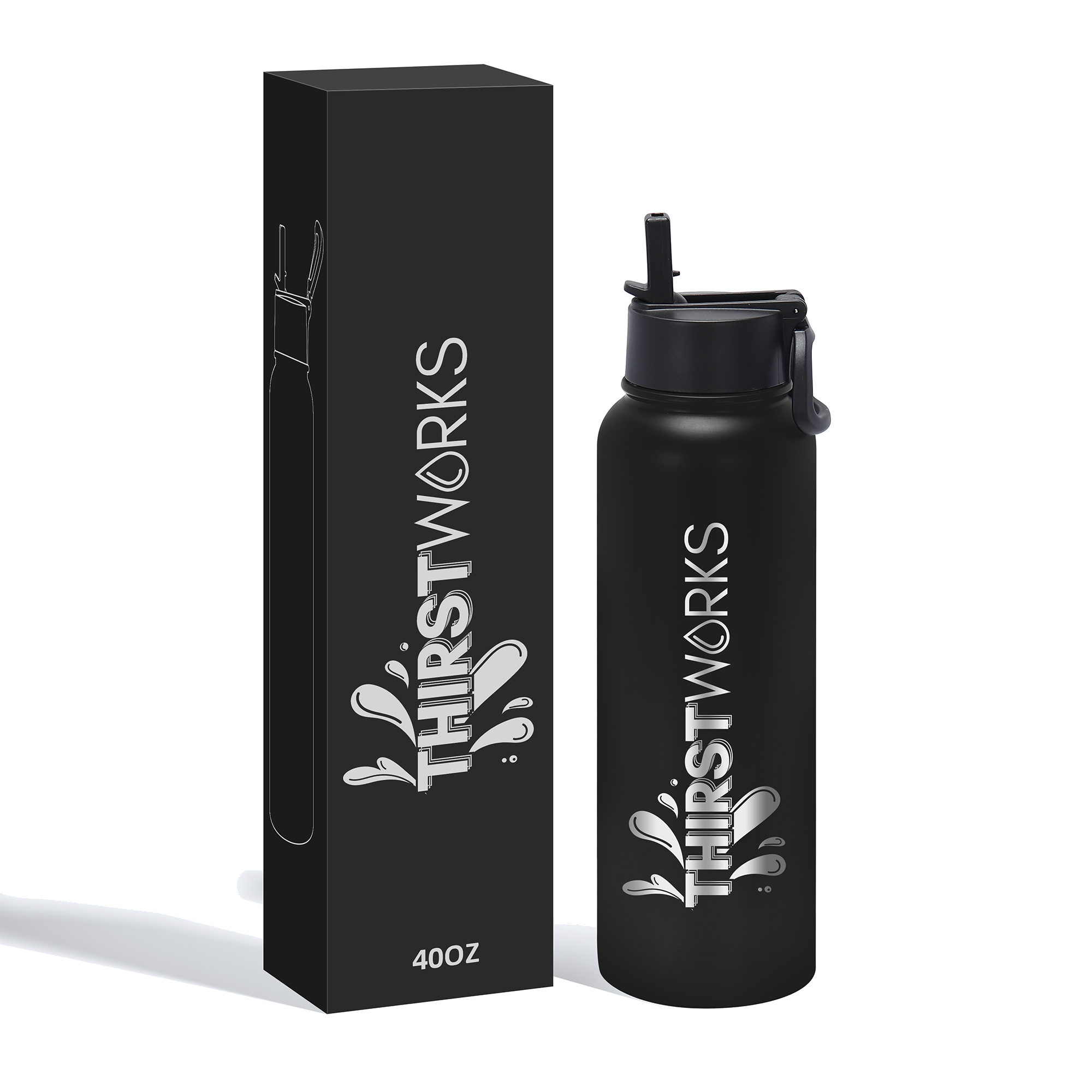 THIRSTWORKS Vacuum Insulated Sports Water Bottles 40 OZ Black - Thirstworks